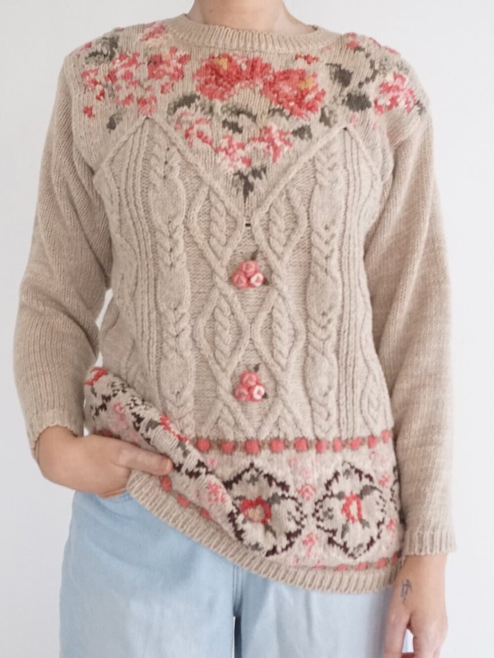 Vintage Chrysantheme Beige Floral Cable Knit Rose Garden Cotton Sweater S